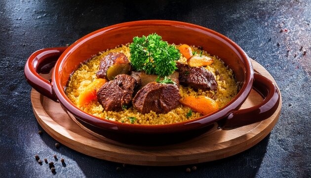 traditional clay pot dish with meat vegetable couscous meal