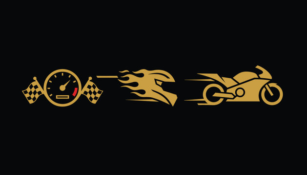 Dynamic speed concept with a speedometer checkered flags a flaming helmet and a motorcycle silhouette in metallic gold color.