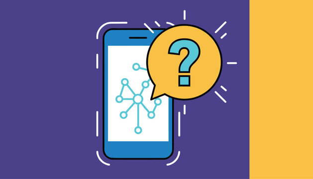 Smartphone showing a network node map with a large speech bubble containing a question mark representing mobile connectivity.