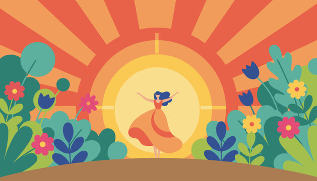Woman dancing in a garden at sunset with bright radial light rays, surrounded by stylized flowers and lush green bushes.