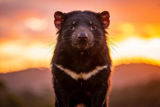 Tasmanian devil portrait with white chest patch standing against warm sunset hills backdrop