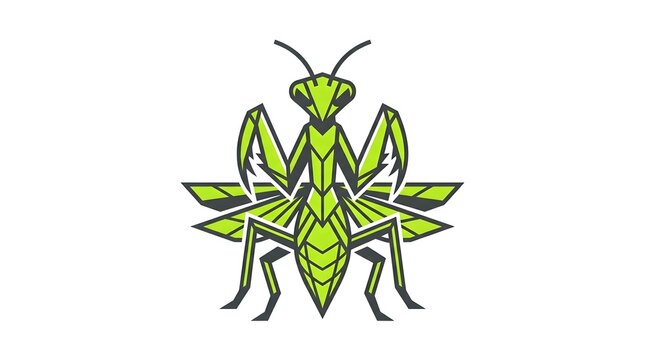 Green geometric praying mantis logo design on white background