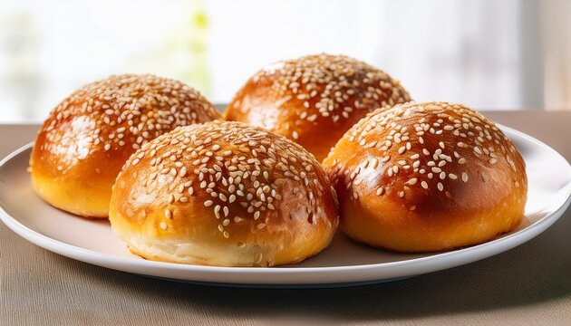delicious sesame seed coated baked buns on white plate