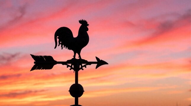Rooster weather vane silhouette on rooftop against vibrant pink orange sunrise sky. Classic farm symbol indicates wind direction at dawn. Early morning sky signals new day.