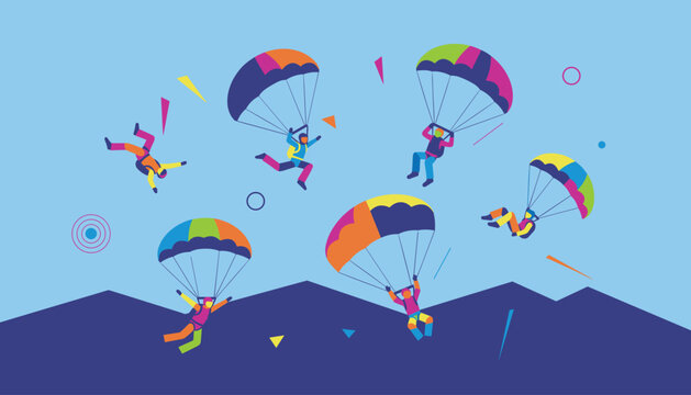 Dynamic scene of skydivers with colorful parachutes descending over a dark mountain landscape during an adventure extreme sports activity.