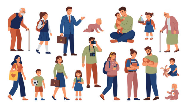 PrintFlat vector illustration of diverse people of different ages from babies to elderly grandparents walking standing and holding children