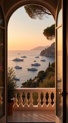 Obraz premium View from elegant villa balcony arch at Capri island during golden hour sunset. Yachts float on calm sea, warm light on coastal landscape. Luxury travel vacation scene.