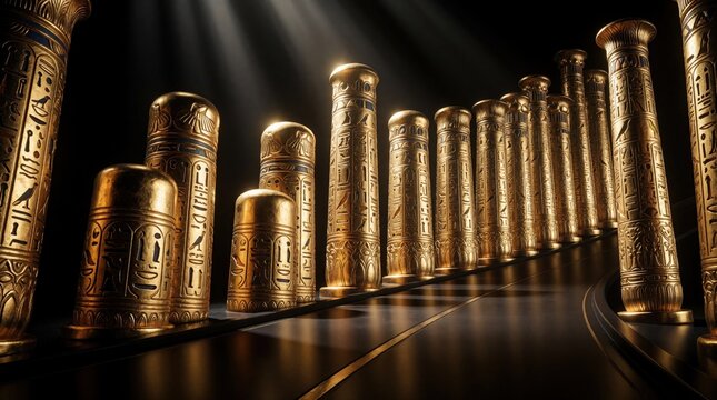 Golden egyptian pillars with carved hieroglyphs stand along dark curved path. Ancient stone columns glow in dim light. Luxurious metal obelisks represent historical culture, heritage. Symbolic relics