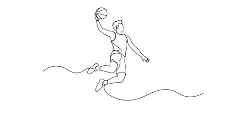 Single line basketball player. Continuous line drawing of an athlete jumping with a basketball. Represents speed, skill and competition. One line vector illustration. © bakul garis