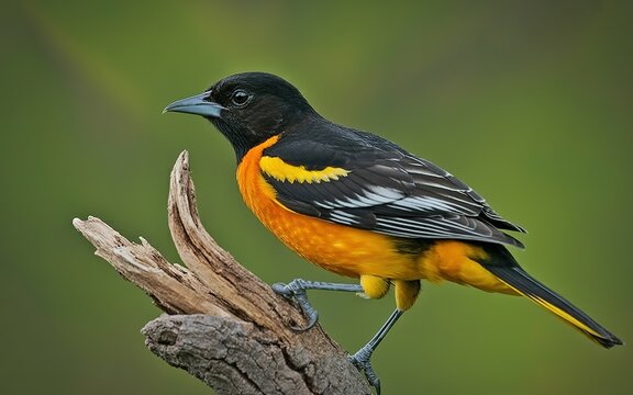 Side profile of a baltimore oriole perched on a weathered tree branch