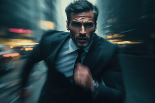 Businessman in a suit running toward the camera with a focused expression. Dynamic commercial portrait with motion blur background