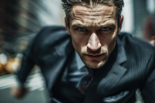 Businessman in a suit running toward the camera with a focused expression. Dynamic commercial portrait with motion blur background