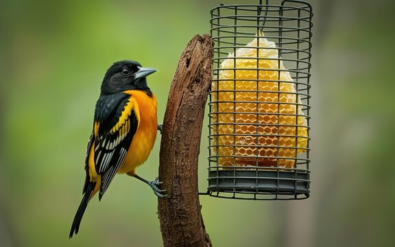 Baltimore oriole perched on a branch next to a suet bird feeder