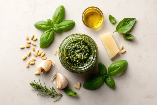 Fresh basil pesto in a glass jar surrounded by basil leaves, garlic, parmesan cheese, pine nuts and olive oil. Clean commercial food photography
