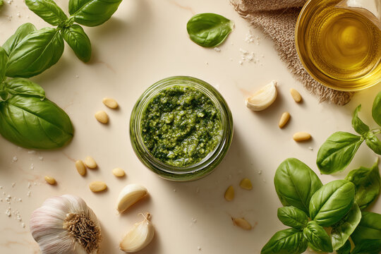 Fresh basil pesto in a glass jar surrounded by basil leaves, garlic, parmesan cheese, pine nuts and olive oil. Clean commercial food photography