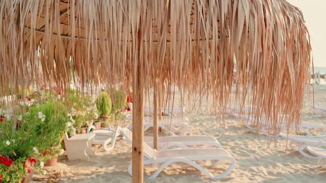 A serene beach scene featuring a beach umbrella and potted plants, creating a relaxed and tranquil vibea.