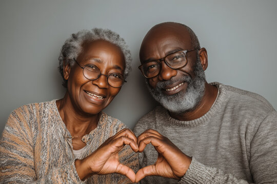 Happy diverse elderly couple smiling and making a heart shape with their hands.