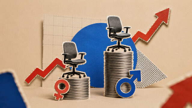 Gender pay gap and workplace pay inequality concept illustrated with male female symbols stacked coins