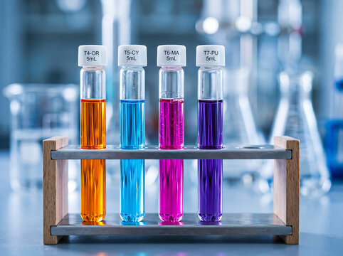 Colorful liquid samples in test tubes arranged in laboratory rack with scientific equipment background.
