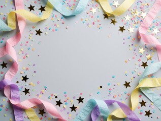 Obraz premium Party streamers and colorful confetti with gold stars scattered on light grey background. Festive celebration elements for birthdays holidays or special events. Bright happy design.