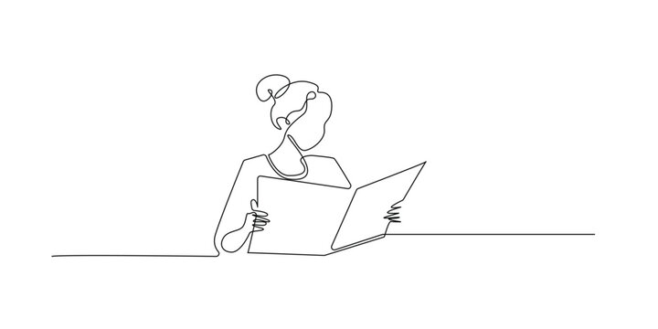 Single line woman reading newspaper. Continuous line drawing of a woman reading a daily newspaper. Represents staying informed and enjoying the morning routine. One line vector illustration.