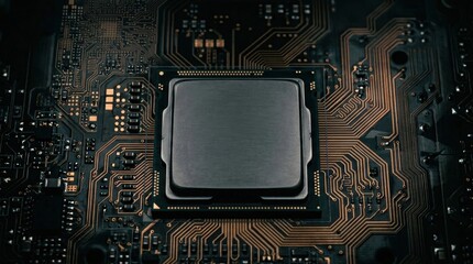 Fototapeta premium Central processor unit on motherboard with detailed circuit lines