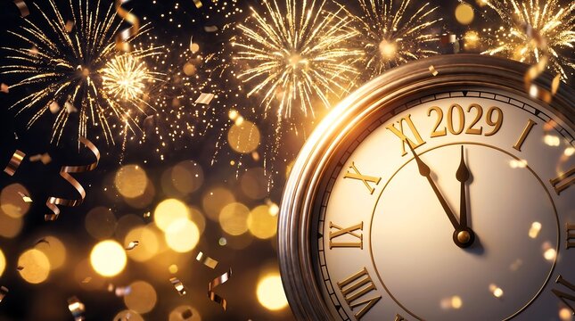 New Year 2029 countdown clock with golden fireworks background, festive celebration at midnight event