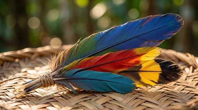 Vibrant bundle of colorful macaw feathers tied with string resting on a traditional woven basket