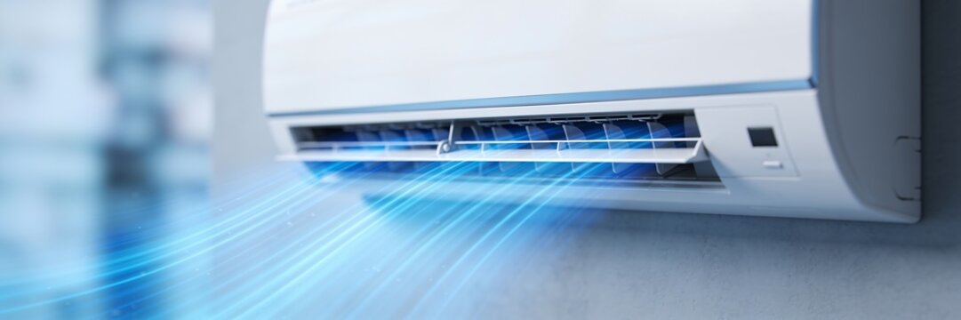 A new wall-mounted air conditioner is blowing cool air.