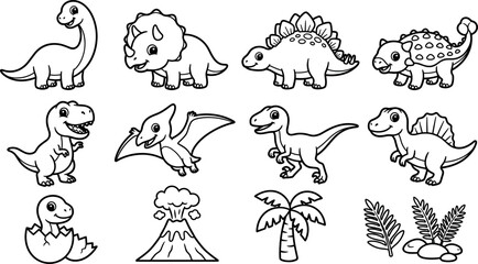 Cute Dinosaur Cartoon Line Art Vector Character Set Featuring T-Rex Triceratops Brachiosaurus Stegosaurus and Prehistoric Volcano Elements © Michael