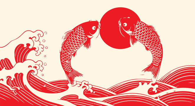 Japanese koi fish jumping over ocean waves vector, red carp jumping towards sun in oriental style, traditional asian sea wave illustration