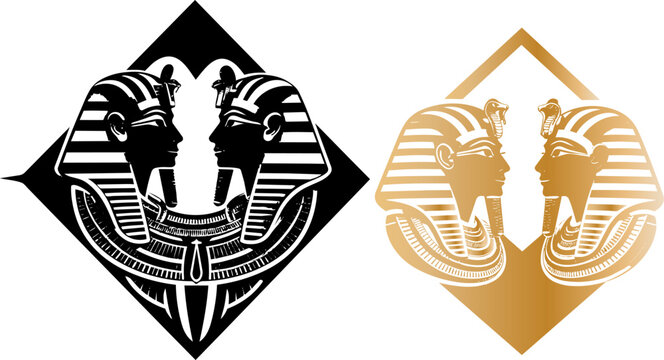 Ancient Egyptian Pharaoh Tutankhamun mask vector, golden and black king profile silhouettes, symmetrical diamond emblem of Egyptian royalty