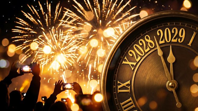 New year countdown with midnight fireworks, retro clock showing year transition to 2029 and happy crowd celebrating