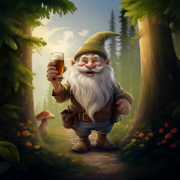 Dwarf with white beard holding drink in enchanted forest. Fantasy character walking on trail path among trees and mushroom. Mythical creature magical concept.