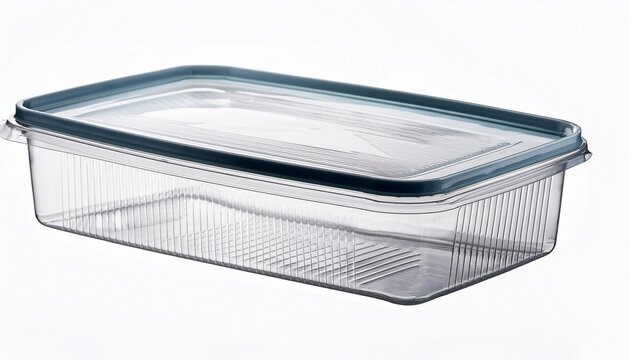 clear plastic container with lid rectangular shape perspective view on white background