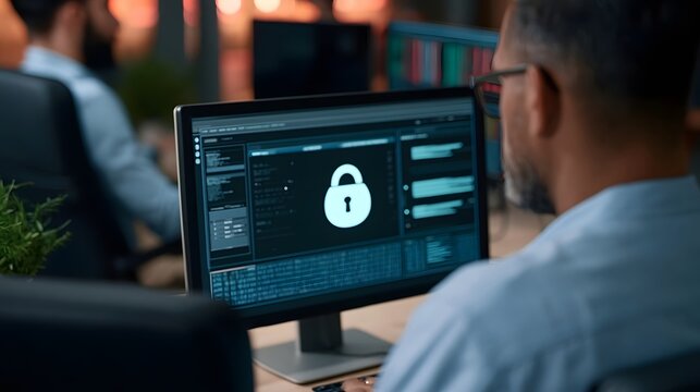 Person working on computer screen showing security lock icon in digital interface within modern office environment