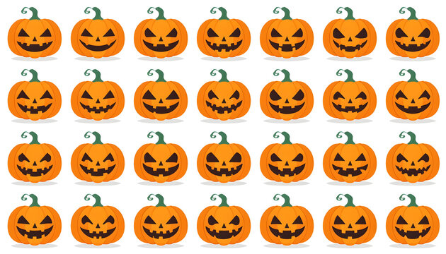 A collection of various pixel art style hallowen pumpkin jack o lantern faces arranged in a neat grid pattern background