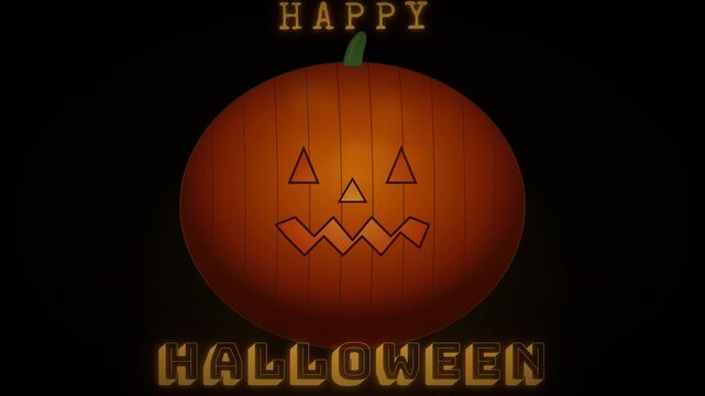 Animated jack-o'-lantern pumpkin with Happy Halloween text zooming in on black background