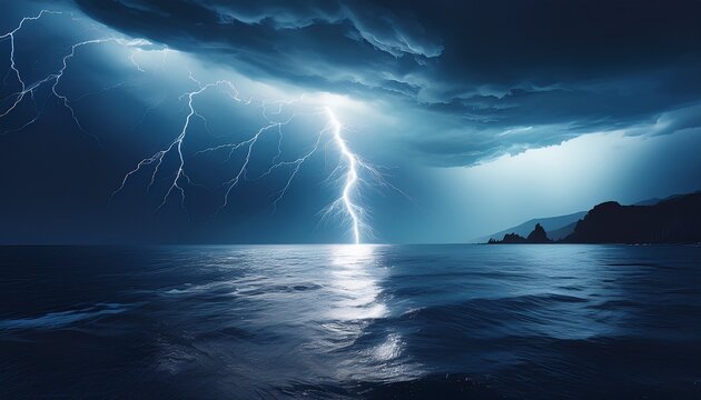 single lightning bolt over calm ocean before storm dark horizon tension atmosphere