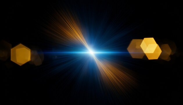 anamorphic lens flare with golden sunburst and blue light streak on black background cinematic hexagonal bokeh artifacts and optical glare for screen overlays and digital compositing