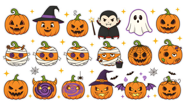 Set of cute cartoon characters for hallowen celebration featuring pumpkins vampires ghosts and mummies in a fun vector illustration style