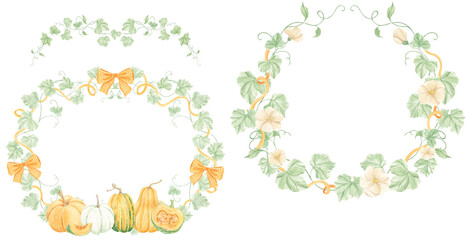 Fototapeta premium Hand drawn pumpkin. Watercolor autumn harvest of pumpkins. Watercolor texture. Autumn. Thanksgiving. Pumpkin compositions, arrangements, frames.