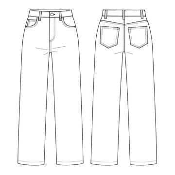 Wide Leg Denim Jeans Technical Flat Drawing - Front and Back View Fashion Sketch
