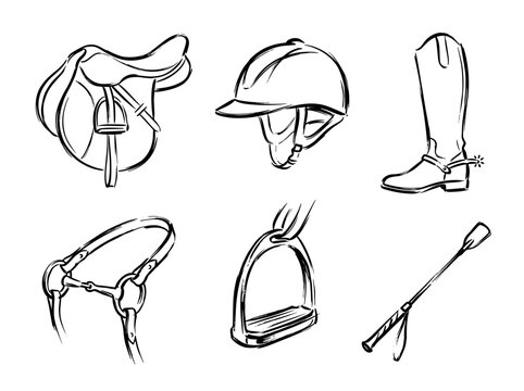 Minimalist expressive brush line art sketches of horse riding equipment, English saddle, equestrian gear vector illustration