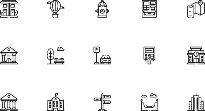 Urban city street elements and public recreation outline icon set featuring hot air balloons classic fire hydrants cash registers park benches and parking signs