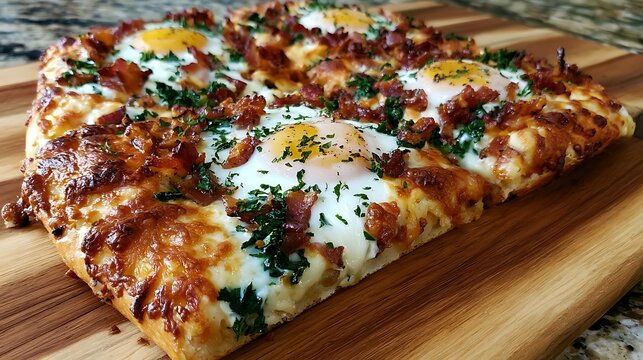 Freshly baked pizza with broccoli, cheese, and herbs on wooden board