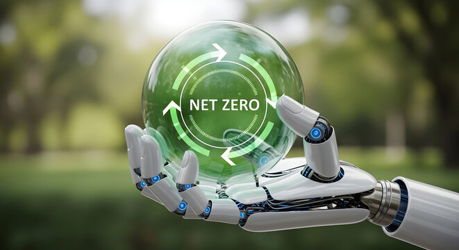Robot hand holding a glass sphere representing net zero carbon emissions and environmental sustainability through advanced green technology