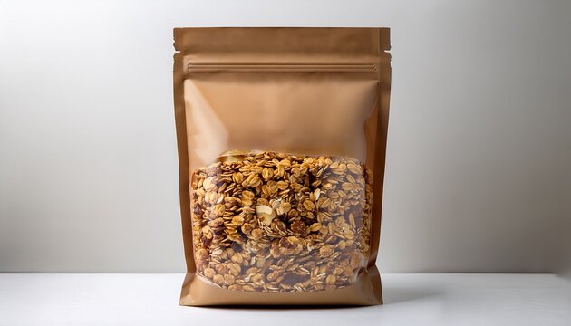granola in a resealable brown paper pouch with a transparent front to view contents