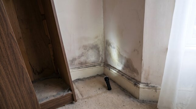 A flashlight illuminates a damp and moldy corner of a room behind a wooden wardrobe.