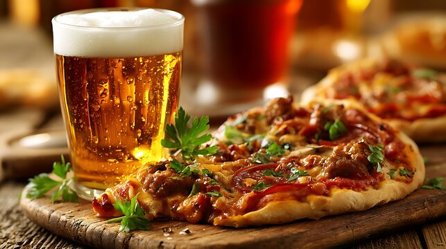Freshly baked pizza with golden crust, basil leaves, and golden ale beer